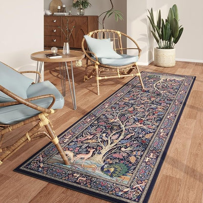 Rugcomf Runner Rug 2x6 Vibrant Tree of Life-Patterned Vintage Kitchen Rugs Non Slip Washable Soft Carpet Runner for Laundry Bedroom Bathroom, Blue
