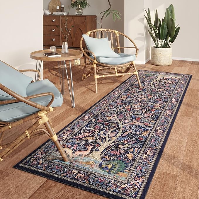 Rugcomf Runner Rug Vibrant Tree of Life-Patterned Vintage Kitchen Rugs Non Slip Washable Soft Carpet Runner for Laundry Bedroom Bathroom, Blue