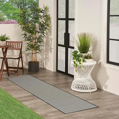 Nourison Home Courtyard Black White 2' x 6' Area Rug - Easy Clean, Non Shedding, Bed Room, Living Room, Dining Room, Kitchen (6' Runner)