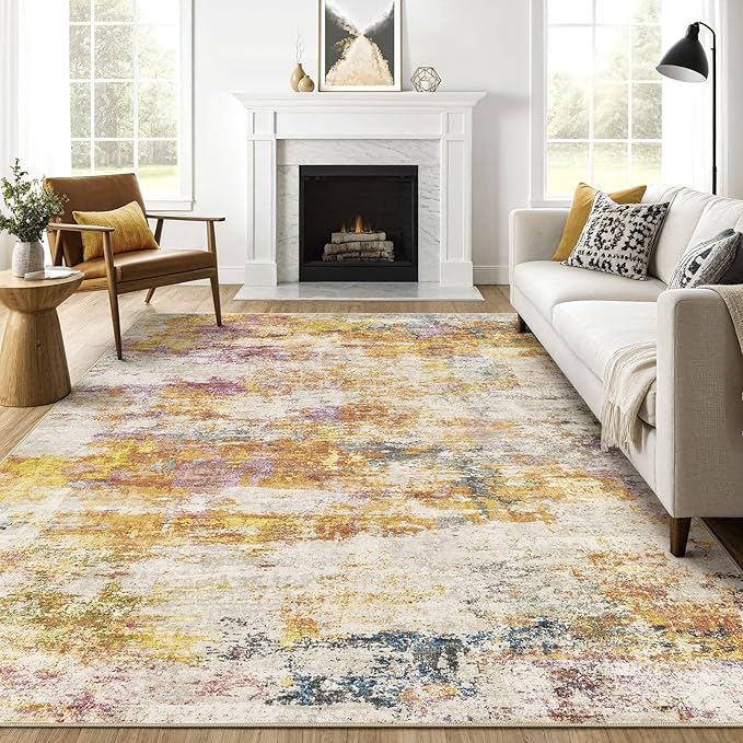7x9 Area Rugs Living Room: Washable Large Abstract Modern Soft Stain Resistant Indoor Floor Rugs Non-Slip Accent Carpet for Bedroom Nursery Playroom Office Dining Room Dorm Home House- Gold Colorful