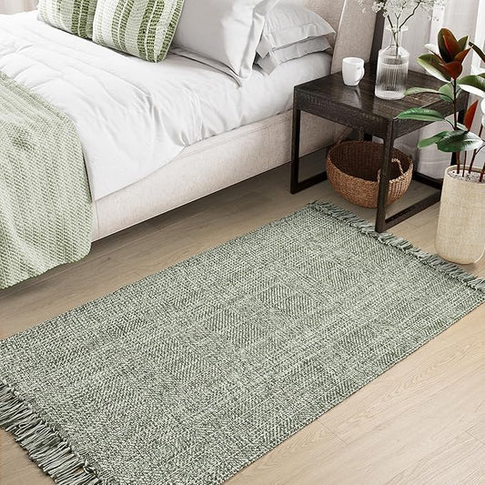 Collive Washable Area Rug 3' x 5', Modern Woven Kitchen Rugs, Olive Green/Cream Braided Cotton Rug Indoor Door Mat Throw Carpet for Entryway Living Room Nursery Mudroom Laundry Room