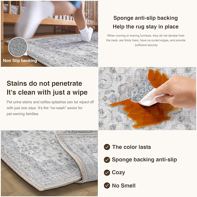 HUGEAR Machine Washable Hallway Runner Rugs 2x6 Vintage Blue Neutral Style Non Slip Stain Resistant Low Pile Throw Carpet for Bedroom Kitchen Retro Aesthetic Modern Decor