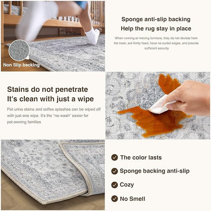 HUGEAR Entryway Machine Washable Area Rugs 2x5 Vintage Blue Small Neutral Style Non Slip Stain Resistant Low Pile Throw Carpet for Hallway Kitchen Retro Aesthetic Modern Decor