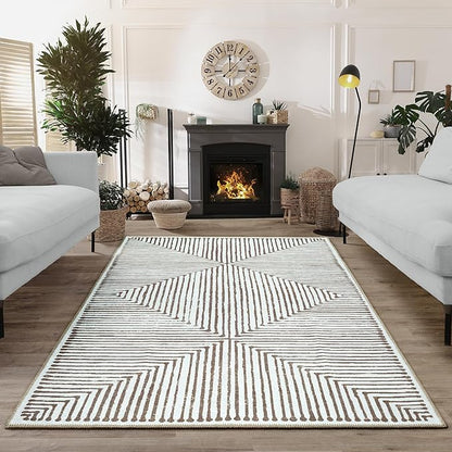 Bloom Rugs Washable Non-Slip 6' x 9' Rug - Brown Striped Area Rug for Living Room, Bedroom, Dining Room, and Kitchen - Exact Size: 6' x 9'