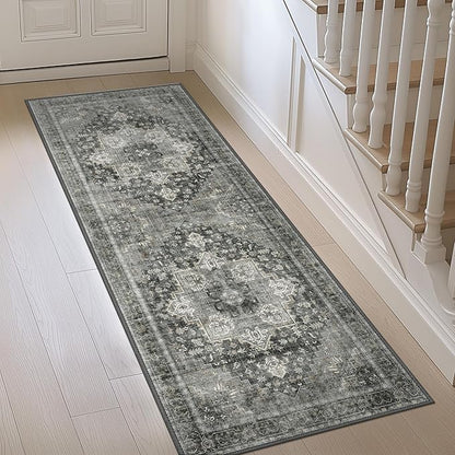 GENIMO 2x12 Runner Rugs for Hallway, Machine Washable Non Slip Vintage Rugs, Low Pile Lightweight Soft Print Rug for enrtyway, Corridor, Home Office, Kitchen, Charcoal Gray