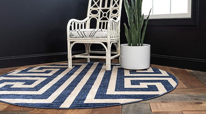 Unique Loom Athens Collection Classic Geometric Modern Border Design Area Rug (6' 0 x 6' 0 Round, Navy Blue/ Beige)