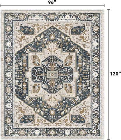 EnHomee 8x10 Area Rugs Washable for Bedroom, Boho Vintage Rugs, Foldable Area Rug for Dining Room, Non-Slip Soft Living Room Rug, Low Pile Large Carpet for Bathroom, Blue and Brown