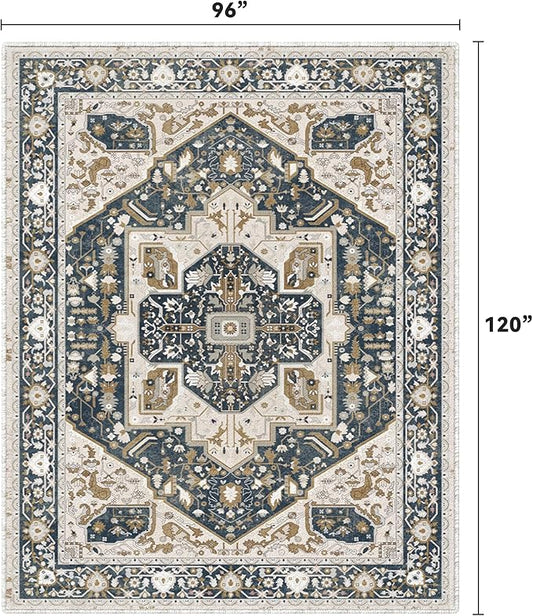 EnHomee 8x10 Area Rugs Washable for Bedroom, Boho Vintage Rugs, Foldable Area Rug for Dining Room, Non-Slip Soft Living Room Rug, Low Pile Large Carpet for Bathroom, Blue and Brown