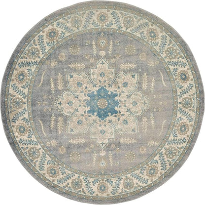 Unique Loom Salzburg Collection Classic Traditional Design Oriental Inspired Border Area Rug (7' 3 x 7' 3 Round, Gray/Beige)