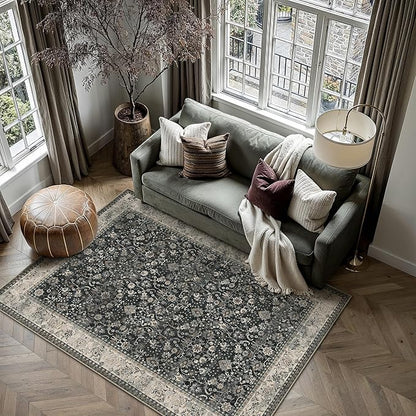 HUGEAR 5x7 Machine Washable Rugs Black Beige Hallway Area Rug Indoor Accent Rug Floral Low Pile Carpet Soft Throw Aesthetic Rug Bedroom Living Room Office Dining Room Laundry Room Non Slip