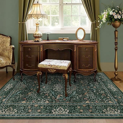 3x5 Floral Washable Area Rug for Living Room, Vintage Boho Rugs for Bedroom Dining Room, Botanical Birds Non Slip Low Pile Forest Throw Carpet for Farmhouse Office, Retro Green/Blue