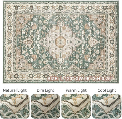Green Rug Living Room Rugs: 8x10 Washable Boho Large Vintage Soft Stain Resistant Farmhouse Oriental Non Slip Indoor Floor Carpet for Bedroom Nursery Kids Playroom Office Dining Room Home Decor