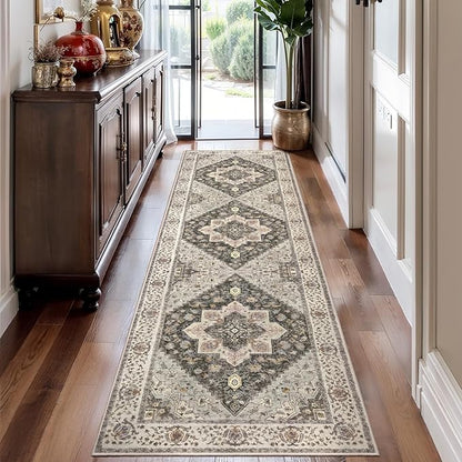 Tangsoo 2.6x10 Hallway Runner Rugs, Washable Runner Rug for Hallways Non Slip Vintage, Soft Low Pile Long Rug Runner, Print Indoor Carpet Runners for Living Room Kitchen Bedroom Entryway Grey
