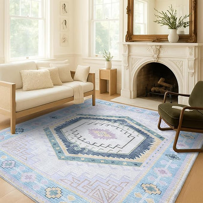 Fame Living Washable Area Rug. Modern Farmhouse. Vintage. Turkish. Bohemian. Distressed. Oriental. Traditional. Rugs for Living Room. Dining. Bedroom. Office. Entryway. Foyer. (856PBl, 9'5" x 14')