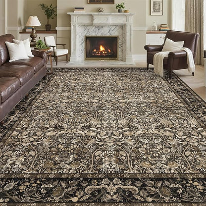 Washable Living Room Rug: 8x10 Boho Floral Soft Area Rug for Bedroom Decor - Vintage Low Pile Thin Carpet for Dining Room Non-Slip - Farmhouse Stain Resistant Rugs - Dark Brown