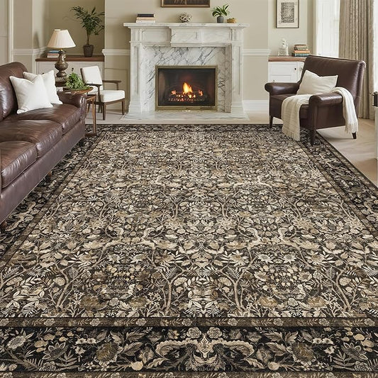 Washable Living Room Rug: 8x10 Boho Floral Soft Area Rug for Bedroom Decor - Vintage Low Pile Thin Carpet for Dining Room Non-Slip - Farmhouse Stain Resistant Rugs - Dark Brown