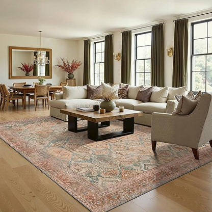 Bavni Washable Rug 5x7 Area Rug for Living Room Bedroom Dining, Washable Vintage Print Carpet, Ultra-Thin Chenille Low Pile Lightweight Rug with Non Slip Backing, Clay