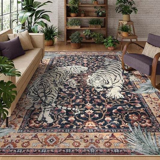 Moynesa Tiger Washable Area Rug, Boho 6x9 Rug for Living Room, Vintage Large Soft Bedroom Rug, Non Slip Ultra Thin Stain Resistant Floor Carpet for Dining Room Home Office, Puce Red