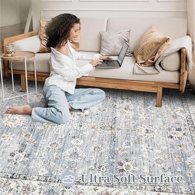 Area Rug 8x10 Living Room Rug, Machine Washable Vintage Distressed Boho Area Rug Non-Slip Soft Low Pile Large Indoor Rugs for Bedroom Kitchen Dining Room Office(Light Blue,8'x10')