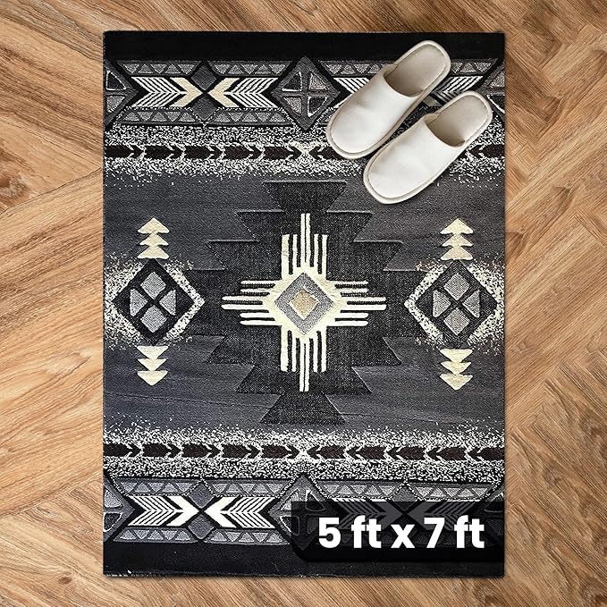 YHSF South West Native American Area Rug C318 - Easy Clean, Thick, Soft, Durable Native Tribal American Indian Inspired Rug for Bedroom/Living Room and More - Grey, 5 Feet x 7 Feet