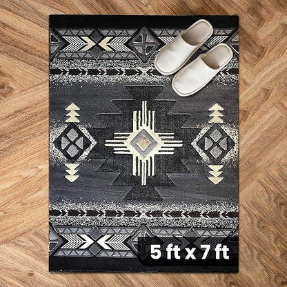 YHSF South West Native American Area Rug C318 - Easy Clean, Thick, Soft, Durable Native Tribal American Indian Inspired Rug for Bedroom/Living Room and More - Grey, 5 Feet x 7 Feet