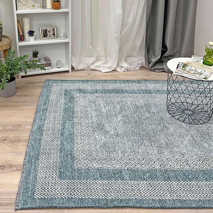 Alfa Rich 7x10 Light Blue Washable Area Rugs for Living Room Bedroom Kitchen Dining Cotton Decor Rug