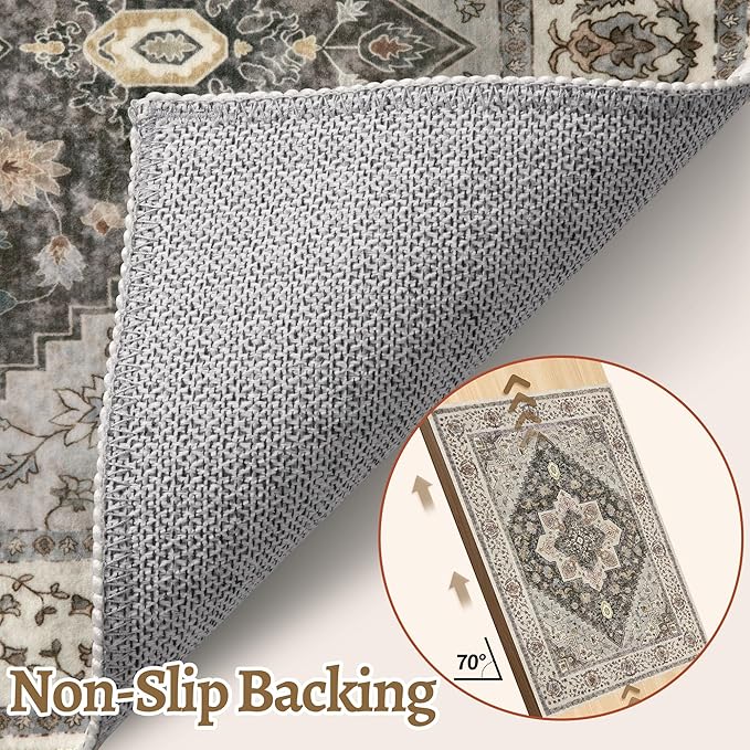 Tangsoo 3x8 Runner Rug for Hallway Long Washable Hallway Runner Rugs, Non Slip Vintage Soft Low Pile Rug Runner, Indoor 8ft Carpet Runners for Kitchen Bedroom Entryway Living Room Grey