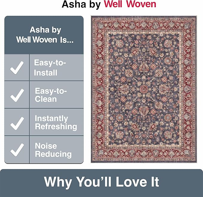 Well Woven Asha Rome Navy Blue Red 2'3" x 7'3" Runner Rug - Oriental Floral Pattern, Easy Clean, Floor-Friendly Backing - for Hallway, Entryway, and Kitchen