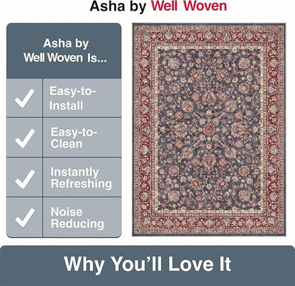 Well Woven Asha Rome Navy Blue Red 2'3" x 7'3" Runner Rug - Oriental Floral Pattern, Easy Clean, Floor-Friendly Backing - for Hallway, Entryway, and Kitchen