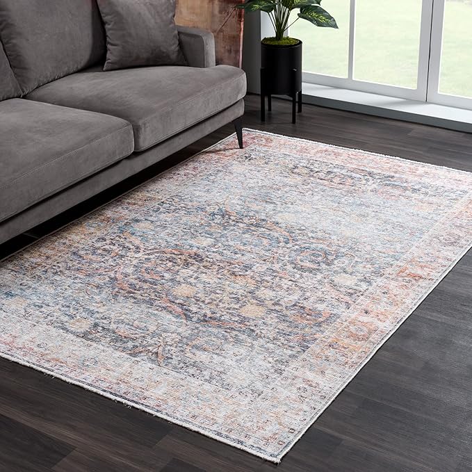 Bloom Rugs Caria Washable Non-Slip 9x12 Rug - Ocean Blue/Brick Traditional Area Rug for Living Room, Bedroom, Dining Room, and Kitchen - Exact Size: 9' x 12'