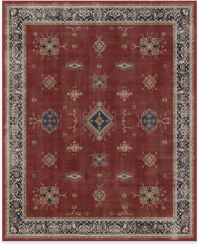 RUGGABLE Washable Vintage Area Rug – Verena Amber Red 8x10, Stain-Resistant, Non-Slip – Large Machine Washable Rugs for Living Room, Bedroom, Hallway, Entryway & Office–with Cushioned Pad