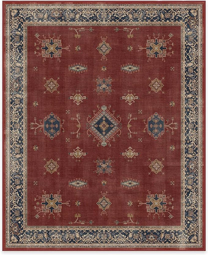 RUGGABLE Washable Vintage Area Rug – Verena Amber Red 8x10, Stain-Resistant, Non-Slip – Large Machine Washable Rugs for Living Room, Bedroom, Hallway, Entryway & Office–with Cushioned Pad