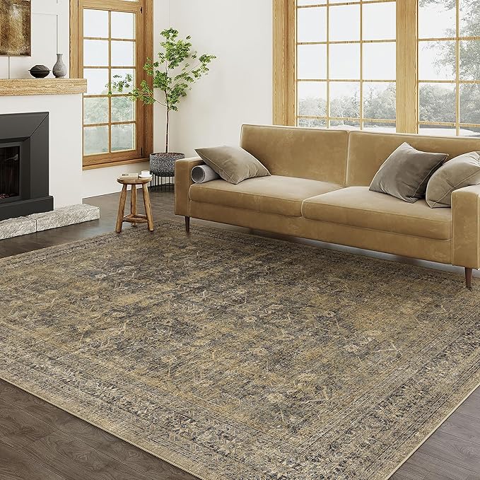 6x9 Brown Black Area Rug for Living Room Washable Vintage Distressed Carpet Large Bedroom Low Pile Non Slip Indoor Soft Retro Throw Accent Rug Office Kitchen Bathroom Dining Room