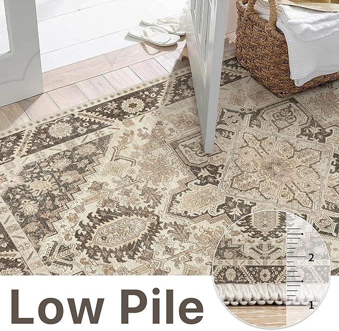 2x5 Runner Rug Machine Washable Boho Runners for Hallway,Ultra-Thin Low Pile Rug,Lightweight Indoor Carpet,Non Slip Floral Runners for Enrtyway, Corridor, Home Office, Kitchen,Brown