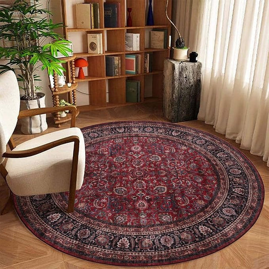 GLN Rugs Traditional Collection - Machine Washable Area Rug, Traditional Washable, Non Slip, Low Pile Chenille Rug, Living Room, Bedroom, Kitchen Rug (5'3" Round Dark Red)