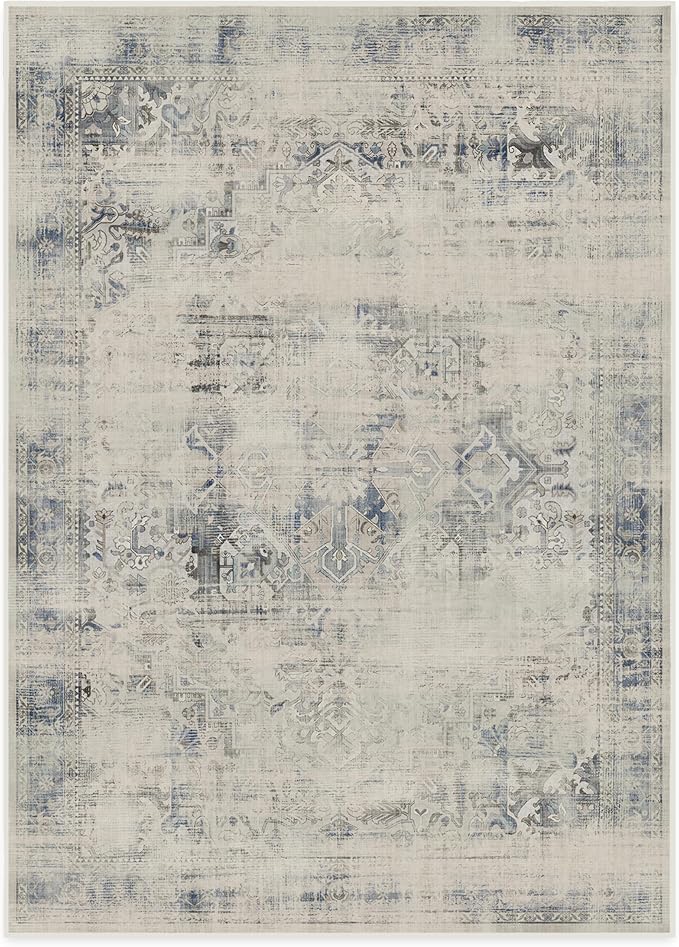 RUGGABLE Washable Vintage Area Rug – Kamran Blue Quartz 10x14, Stain-Resistant, Non-Slip – Large Machine Washable Rugs for Living Room, Bedroom, Hallway, Entryway & Office–with Standard Pad