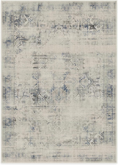 RUGGABLE Washable Vintage Area Rug – Kamran Blue Quartz 10x14, Stain-Resistant, Non-Slip – Large Machine Washable Rugs for Living Room, Bedroom, Hallway, Entryway & Office–with Cushioned Pad