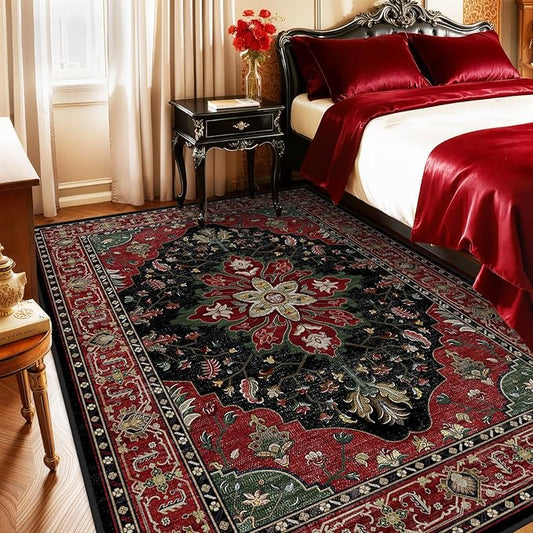 Area Rugs 6'x9' Washable Non-Slip, Floral Vintage Distress Print Pattern Medallion Carpet for Living Room Bedroom Dining Room, Red Black