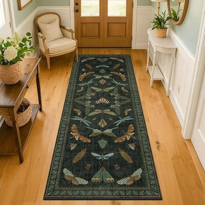 Insect 2x7 Stain Resistant Kitchen Runner Rugs, Vintage Bathroon Rug Non Skid, Low Pile & Soft Non Slip with Rubber Backed, Dark Green Boho Room Decor for Bedroom