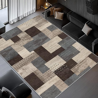 Modern Geometric Patchwork Indoor Area Rug for Living Room, Blue-Taupe 5'x 7' Large Rug Rockwood Collection Hardwood Floors Decor for Bedroom, Blue Throw Carpet for Office Entryway Dining Room