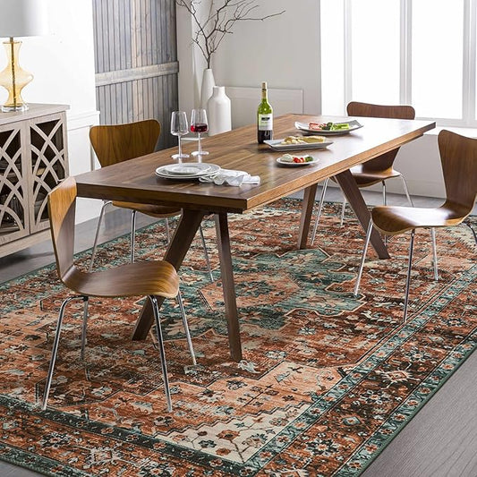 Moynesa 8x10 Ultra-Thin Vintage Area Rug - Oriental Print for Bedroom, Living Room, Under Table, Office, Entryway - Brick Red/Dull Teal