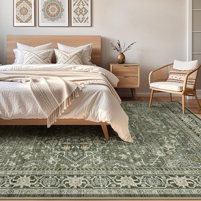9x12 Area Rug Living Room: Washable Boho Large Neutral Vintage Soft Rugs Stain Resistant Farmhouse Non Slip Indoor Floor Carpet for Bedroom Nursery Kids Playroom Office Dining Room Home- Dark Green