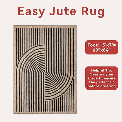 Tangsoo Rainbow Easy Jute Rug 5x7 Large Washable Area Rug for Living Room,Black Non-Slip Thin Outdoor Rug,Modern Farmhouse Indoor Carpet for Dining Room Table Bedroom Patio