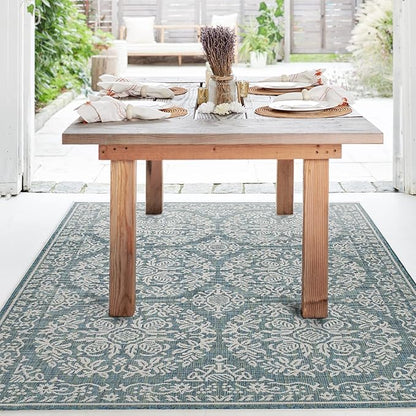 FH Home Flat Woven Outdoor Rug - Waterproof, Easy to Clean, Stain Resistant - Premium Polypropylene Yarn - Persian Farmhouse - Large Patio, Deck, Sunroom - Marbella - Ocean - 7ft 10 in x 10ft 9in