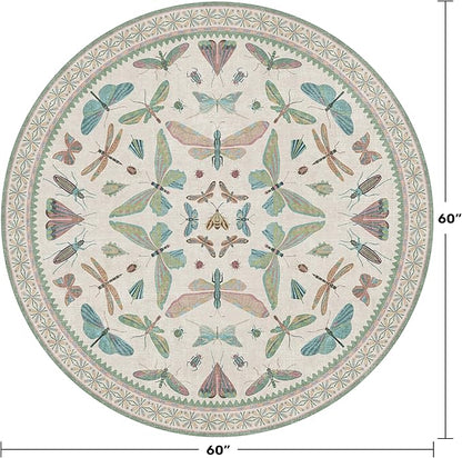 Insect Light Green 5ft Round Area Rug for Living Room - Washable Floral Fun Kids Rugs for Bedroom, Playroom, Boho & Butterfly Design - Low Pile Soft Circle Carpet
