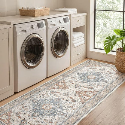 Runner Rug Kitchen Washable Rugs: 2x6 Non-Slip Boho Vintage Distressed Stain Resistant Indoor Neutral Farmhouse Throw Carpet for Hallway Bathroom Laundry Room Entryway Bedroom- Beige Blue