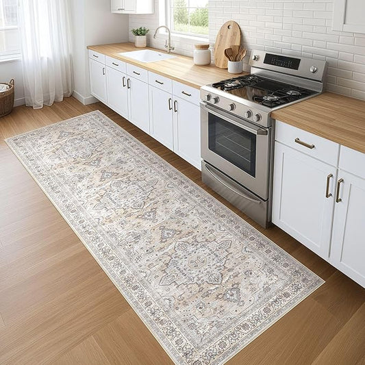 Runner Rug Kitchen Washable Rugs: 3x8 Non-Slip Boho Soft Vintage Stain Resistant Indoor Floor Neutral Farmhouse Throw Carpet for Hallway Bathroom Laundry Room Entryway Bedroom- Ivory Gray