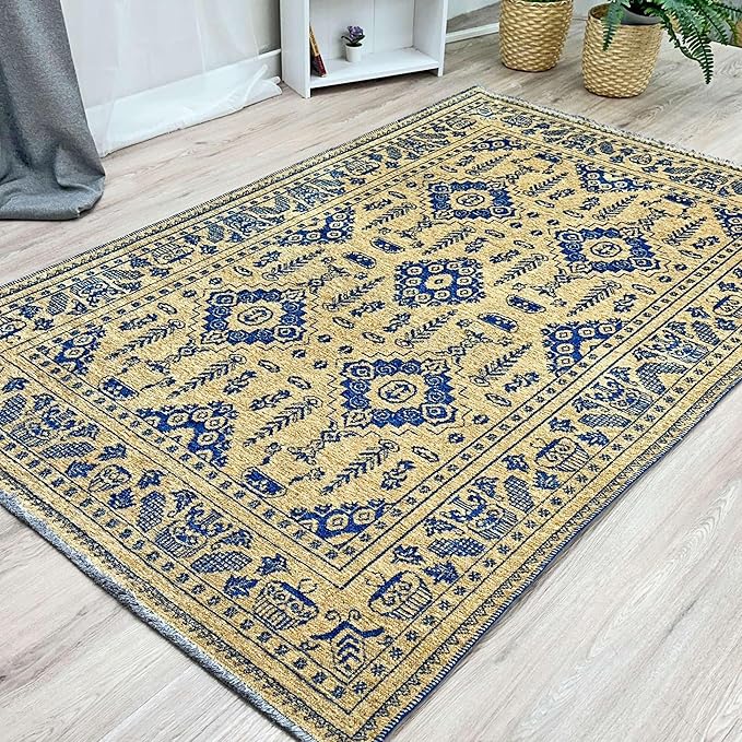 Alfa Rich 4x6 Gold Navy Blue Washable Area Rugs for Living Room Bedroom Kitchen Dining Cotton Rug