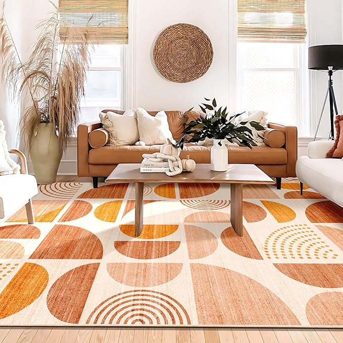 MUJOO Area Rug 6x9,Washable Rugs for Living Room Bedroom Dining Room,Large Boho Throw Floor Carpet Non Slip Soft Modern Abstract Bohemian Orange