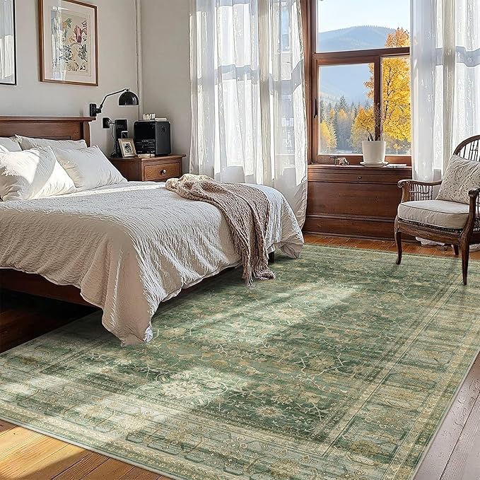 HelloTree Washable Rugs 5x7 Area Rug for Living Room, Vintage Boho Rug Non Slip Carpet Retro Accent Indoor Mat Print Distressed Low Pile Throw Large Rug for Office Bedside-Green